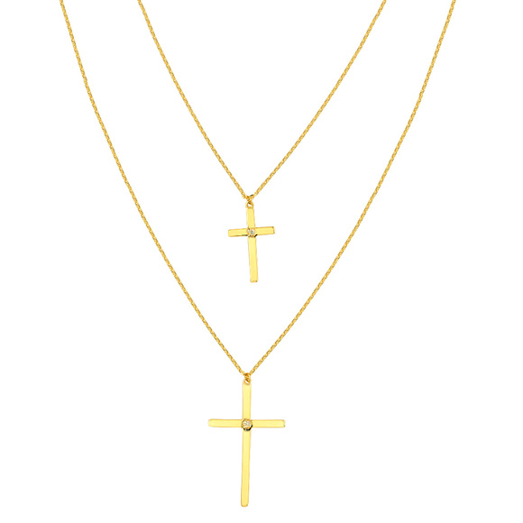 Element Shine Jewelry 4k Solid Gold Diamond Double Cross Necklace